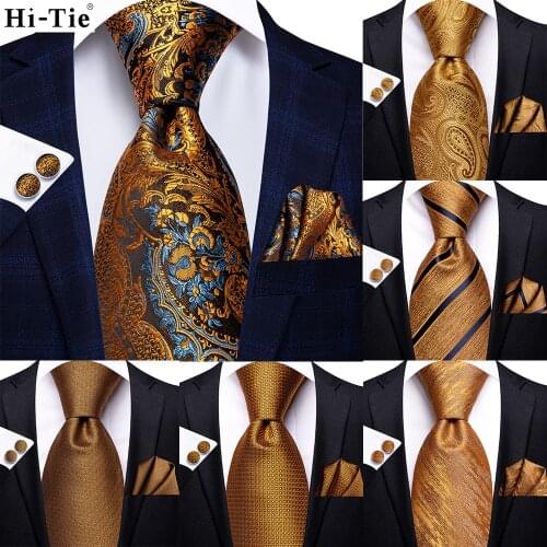 Hi-Tie Luxury Gold Orange Striped Paisley Silk Wedding Tie For Men Hanky Cufflink Gift Mens Necktie Business Party Dropshipping