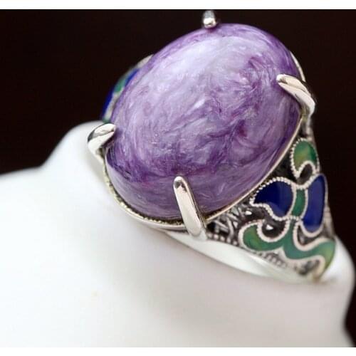 Retro Thai Silver Jewelry Wholesale Handmade Natural Charoite Vintage Silver Ring S925 Sterling Silver Female Open Ended Ring