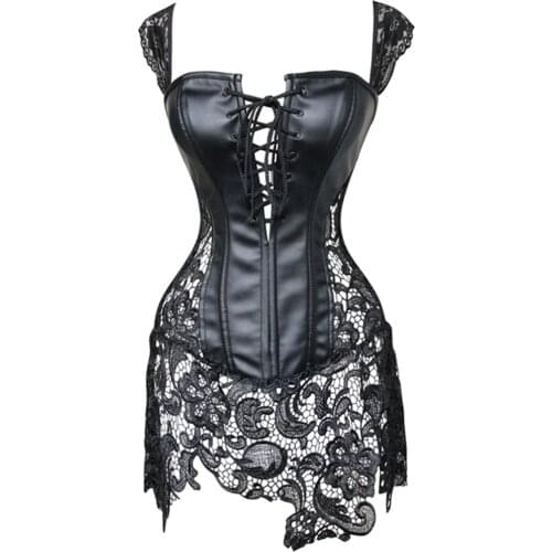 Sexy lingerie leather club Women Corset With Thong Faux Leather Black Lace Shaper Bustier Plus Size M L XL XXL 3XL 4XL 5XL 6XL