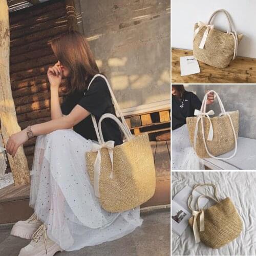 Casual Stylish Straw Woven Shoulder Bag Women Ladies Wild Bowknot Solid Color Fashion Handle Handbag for Daily Shopping