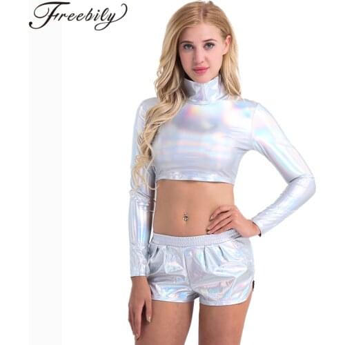 Hot Women Sexy Shiny Patent Leather Long Sleeve Mock Neck Turtleneck Crop Top Costume Cosplay Evening Club High Party Clothing