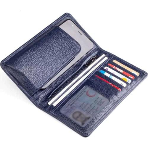 Vianel Genuine Leather Long Wallet with Cellphone Holder Navy Blue