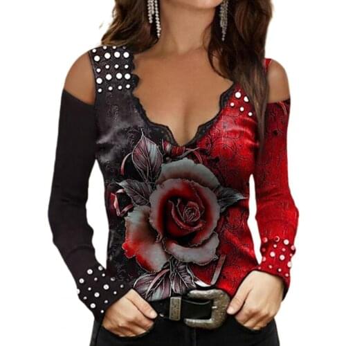 2021 Women T-shirt V Neck Rose Flower Print Sweat Absorbing Off-Shoulder Color Matching Long Sleeve T-shirt Streetwear Summer