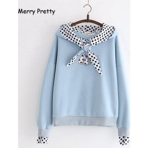 MERRY PRETTY Women Cartoon Cat Embroidery Harajuku Hooded Sweatshirts Poika Dot Hoodies Winter Plus Velvet Long Sleeve Pullover