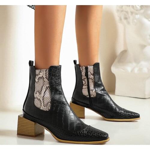 2021 New Autumn Winter Mixed Colors Ankle Boots Women Thick High Heel Zipper Short Boots Ladies Square Toe Shoes Big Size 34-45