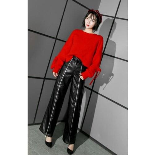2020 new Womens version of high waist black loose zipper leather pants street fashion straight PU leather trousers pants tide