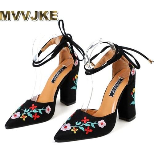 MVVJKE Plus Size Embroidered High Heels Pumps Flower Ankle Strap Shoes Woman Two Pieces Sexy Party Wedding Pointed ToeE056
