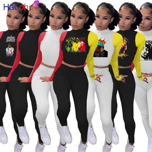 Character Printed Streetwear Two Piece Set Women Fashion Color Block Long Sleeve Crop Top and Sportswear Pant Fitness Tracksuit