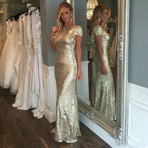 Sparkly Gold Sequin Dress Wedding Party Long Bridesmaid Dresses Robe Demoiselle D'honneur