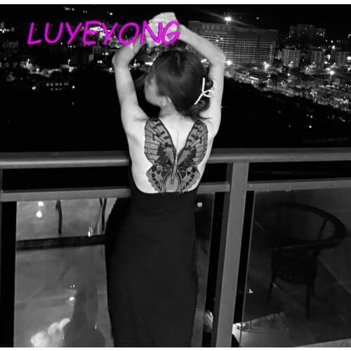 Korean Fashion Cloth Black Gothic Lady Sexy Backless Long Dress Summer Girl Butterfly Mesh Hollow Out Harajuku Sleevless Dresses