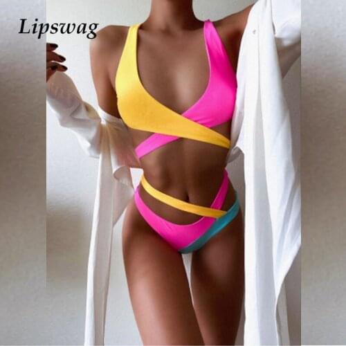 2021 Colorful Splicing Bikini Swimsuit Sexy Backless Cut Out Bikini Set Women Two Piece Suit High Waist Bandage Bathing Suits