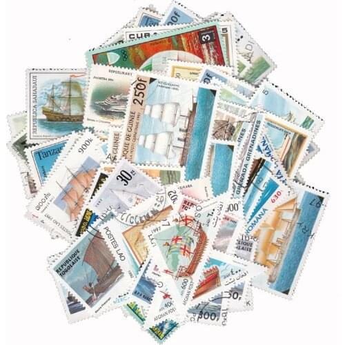 50 PCS All Different Topic Boat Ship Unused Postage Satmps With Post Mark Collection