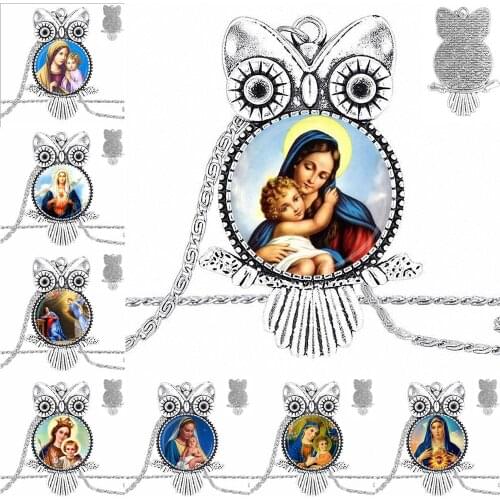 EJ Glaze For Women Party Virgin Mary Mother of Baby Glass Cabochon Choker Pendant Owl Necklace Bronze Color Jewelry