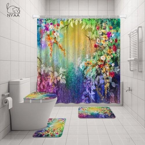 Elegant Flower Print Shower Curtain Set Waterproof Bathtub Screen Soft Bath Mats Carpets Rugs Bathroom Accessories Home Decor