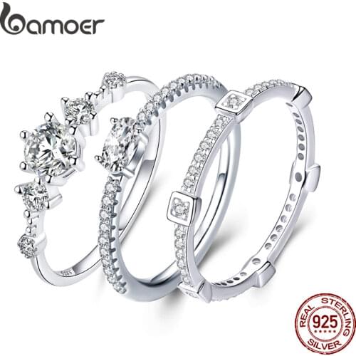 BAMOER Dazzling Sparkling Engagement Finger Rings for Women Solid Silver 925 Jewelry Wedding Statement Female Bijoux SCR568