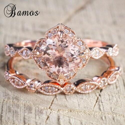 Bamos Vintage Rose Gold Color Cubic Zirconia Ring Set Korean Style Stackable Wedding Rings For Women Fashion Jewelry Accessories