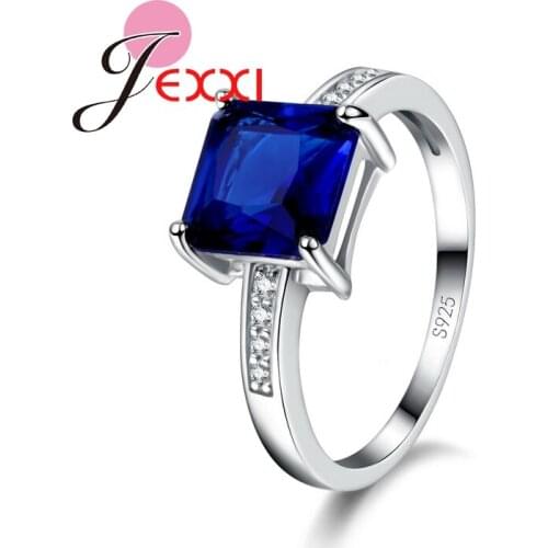 Square Dark Blue Cubic Zirconia Romantic 925 Starling Silver Girls Rings Charm Wedding Engagement Decoration