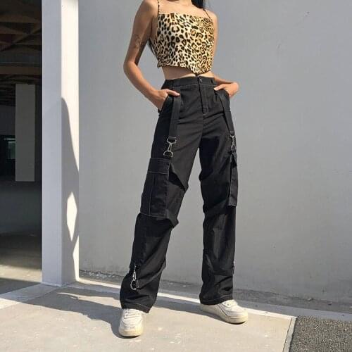Ladies Fashion Casual High-Waisted Pants with Open Stitch Pockets Black Tooling Straight-Leg Pants with Pockets Metal Buckles