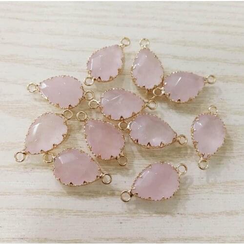Fashion Natural rose quartzs stone section drop shape gold rim Connector pendants for bracelets necklace making wholesale 12pcs