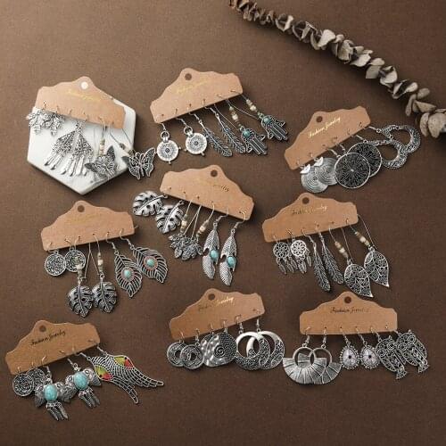 New Ethnic Mixed Drop Earring Sets Bohemia Vintage Round Circle Leaf Hanging Dangle Geometric Earring For Women Jewelry Gift