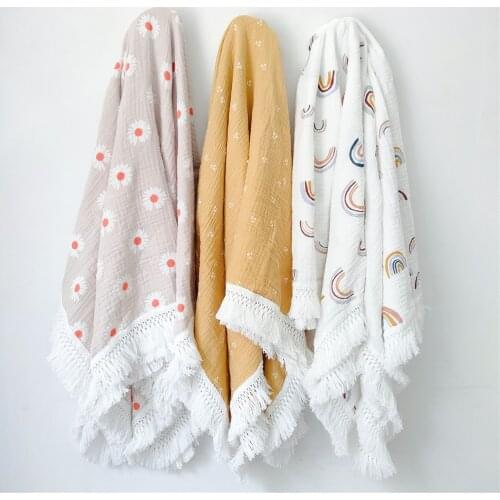 New Design 100% Cotton Gauze Rainbow Floral Stroller Blanket Throw Baby Photography Props Summer Muslin Swaddle Wrap With Tassel