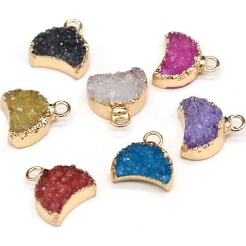 Wholesale 2pcs Natural Stone Crystal Druzy Pendant Moon Quartz Agates Charms DIY for Jewelry Making Earring Necklace Accessories