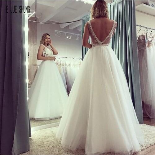 E JUE SHUNG Newest Tulle A Line Wedding Dresses Deep V-neck Sexy Backless Appliques Boho Tulle Bridal Gowns vestido de noiva