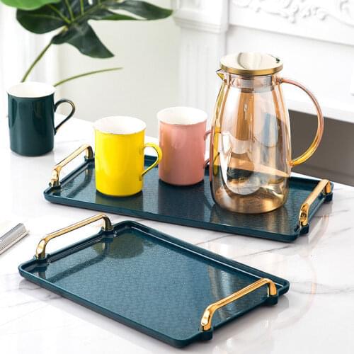 Nordic Plastic Serving Tray with Gold Handles Kitchen Organizer Rectangular Household Dessert Tray Kettles Cups Storage Holder