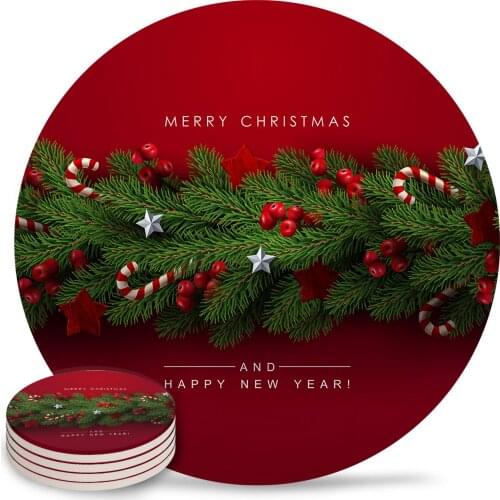 Christmas Tree Pine Needles Candy Bow Ceramic Coaster Christmas Table Decoration Placemat Coffee Table Absorbent Coaster