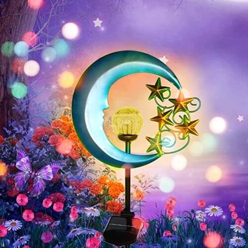 Stars Moon Solar Lights Outdoor - Solar Powered Garden Lights Decorative Crackle Glass Globe Led Waterproof Landscape Lighting f