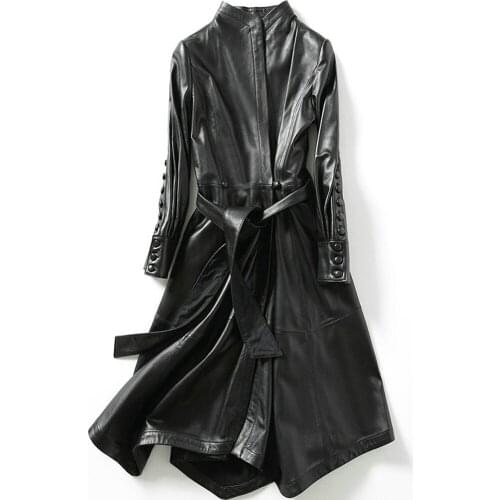 Spring 2021 Haining Leather Womens Long Slim Sheepskin Windbreaker w