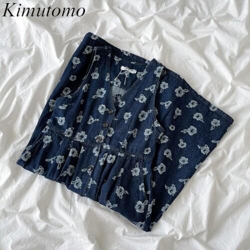 Kimugomo Vintage Fashion Floral Print Dress Women 2021 Autumn Sleeveless V-neck Slim Pockets A-line Dresses Streetwear New