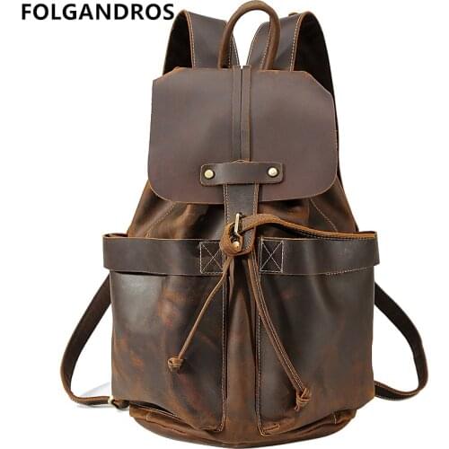 FOLGANDROS Vintage Backpacks Top Genuine Cow Leather Men Women Laptop Backpack Classic Multifunction String Bookbag Mochila