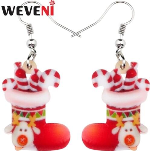 WEVENI Acrylic Christmas Candy Cane Elk Deer Socks Shoes Earrings Drop Dangle Jewelry For Women Girls Teens Charms Fashion Gifts
