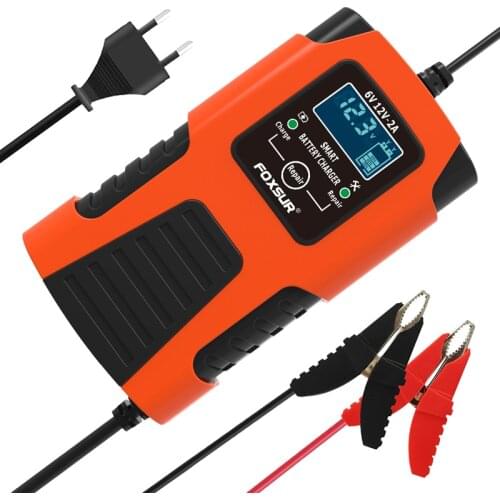FOXSUR 6V/12V 2A Battery Chargers for Cars, Motorcycles, ATV, Lawn Mower and for Most Battery Types Lnput Voltage: 100-240V AC