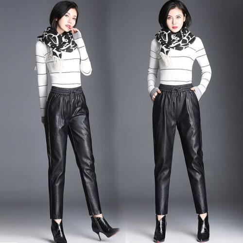 2021 Women High Waist PU Leather Pants Female Elegant Wide Leg Pants Faux Leather Trousers Ladies Casual Streetwear Pants H642