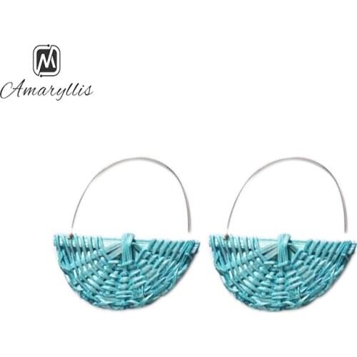 Amaiyllis Handweaving Rattan Dangle Earrings For Women Multi Color Long Drop Earrings Cute Beach Basket Shaped Pendant Earrings