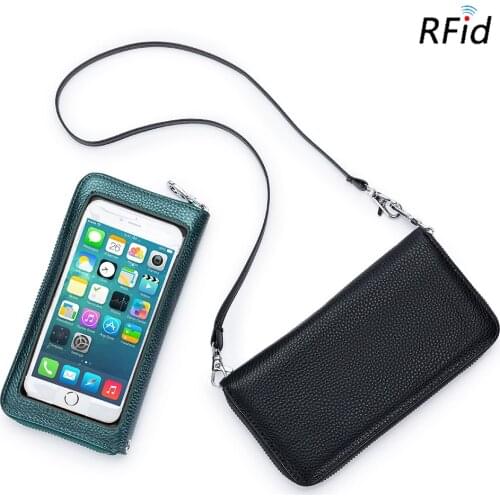 Touch Screen Women Wallet Rfid Genuine Leather Zipper Clutch Wallet Ladies Cell Phone Shoulder Bag