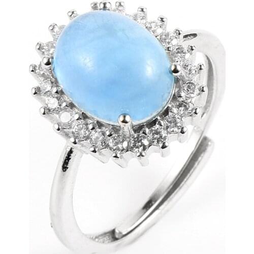 Women Natural Gem Stone Aquamarines Silver-Plated Rings Micro-Zircon Open Adjustable Engagement Finger Ring Jewelry for Female