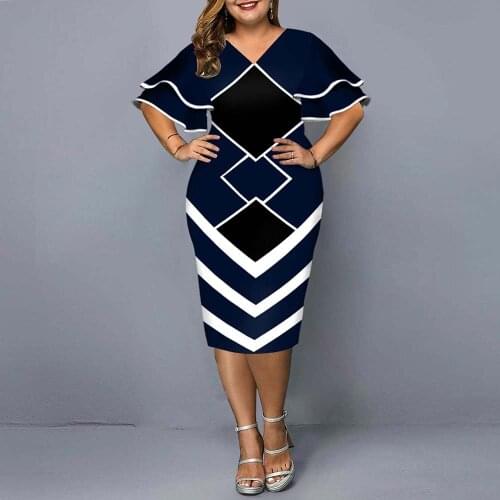 Women Bodycon Dress Plus Size Evening Party Dress 2021 Elegant Geometric Print Layered Bell Sleeve Casual Dresses Club Outfits