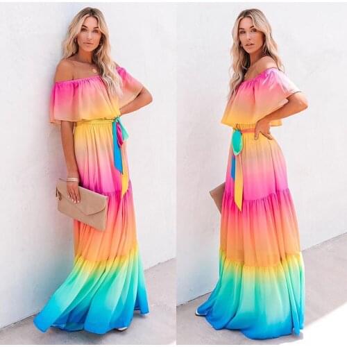 Rainbow Chiffon Lady Pleated Long Dress Spring Summer Sexy Strapless Maxi Dresses Elegant Ruffle Off Shoulder Women Dress