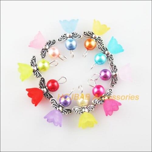 New 24Pcs Mixed Glass Acrylic Dancing Angel Wings Flowers Charms Pendants 14x19mm