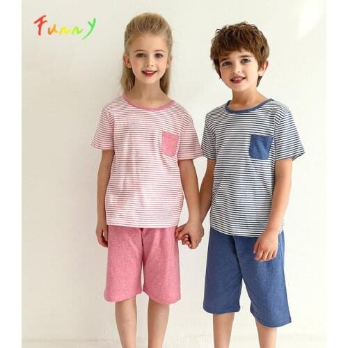 Kids Pajamas Set Summer 2021 Cotton Boy Girl Sets Striped Short Sleeve T Shirts Pants Nightwear Clothes for Teenagers 3-14 Year