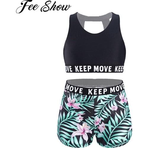 Kids Girls Two Pieces Sports Suit Sportwear Round Neck Cut Out Back Sport Bra Tops and Shorts Set for Dance Gym Yoga Workout