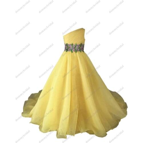 Elegant One shoulder A line Princess Flower Girl Dresses Yellow Organza Green Purple Beaded Sequined Pageant Prom Toddler Dress