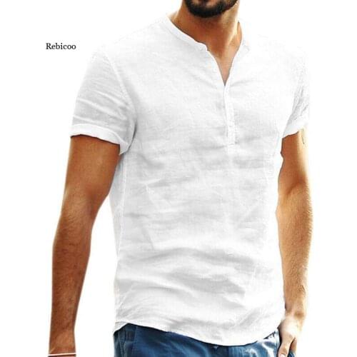 New Male Short Sleeve Linen Button T-Shirt O-Neck Fashion Summer Solid Casual Cotton Henley Loose Blouse Tee Top Men