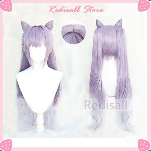 Keqing Cosplay Wig Base Wig Pigtail Ears Horn Full Set Purple Gradient Heat Resistant Women Genshin Impact Cosplay Free Wig Cap