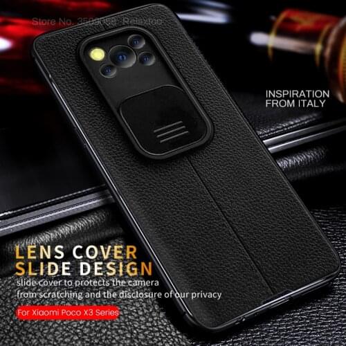 Leather Lychee Pattern Push Pull Camera Protection Case For Xiaomi Poco Poko Litte X 3 X3 Pro NFC Silicone Shockproof Back Cover