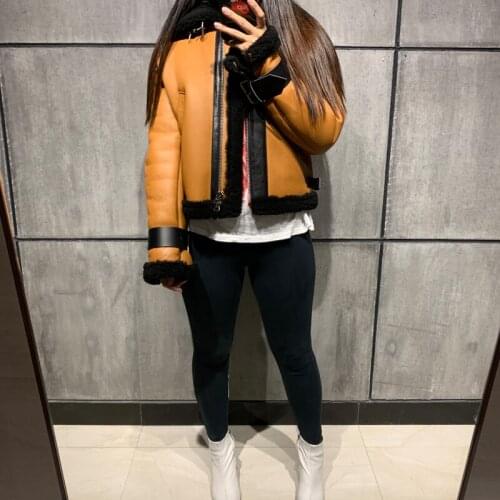 Genuine ladies real shearling jacket women suede leather coat
