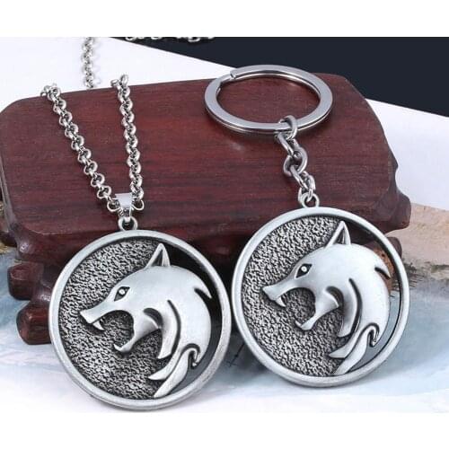Stainless Steel The Wizard Wolf Head Medallion Pendant Necklace Keychain Set Men Boys Animal Necklace Fashion Punk Male Jewelry